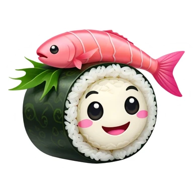 Cute Kawaii Maki Sushi Roll, small and round, wrapped in soft dark green seaweed, tiny grains of rice peeking out, a bright pink fish filling, a cheerful smiling face! sticker