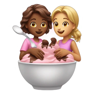 two girls eating chocolate icecream from one cup or bowl with a spoon sticker