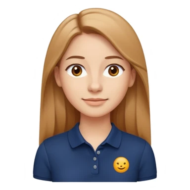 emoji-style cartoon avatar of a young woman with long straight light brown hair parted in the middle, fair skin, gentle smile, brown eyes, wearing a dark navy blue polo shirt, small hoop earrings, clean minimal style, neutral background, warm and confident expression sticker