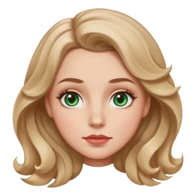 Generate an emoji of a white girl with a round face structure, light brown almost blonde loose curls, large forehead, brown arched brows, almond big green eyes with a lil blue in them, large rosy cheekbones and big rosy lips and a jawline sticker
