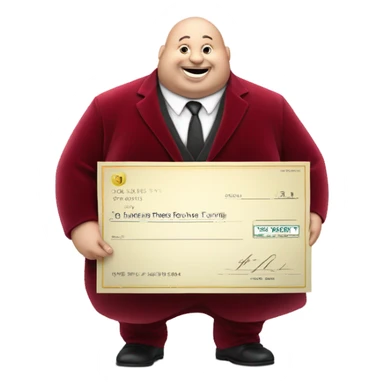 fat guy in dark red velvet suit holding cheque sticker