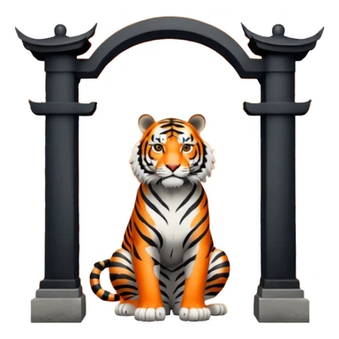Traditional Chinese ink painting style emoji. A powerful tiger (like the ancient character 虎), standing guard in front of mystical gates (門). Energy swirls around him like a vortex (🌀). Minimalist, transparent background, 512x512 pixels. sticker