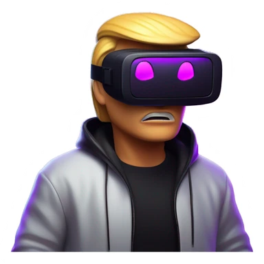 Donald Trump wearing a black hoodie with "OMG" letters on it and VR headset oculus quest 2 in a cyberpunk VR environment with violet neon lighting. sticker