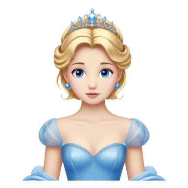 Cinematic Stunning Cinderella Portrait Emoji, Radiant in her sparkling blue ball gown, golden hair in a perfect updo, soft blue eyes full of wonder, glistening tiara, glowing with an ethereal beauty, regal yet kind, a dreamlike aura surrounds her, capturing the essence of a fairy tale princess, elegant and breathtaking! sticker