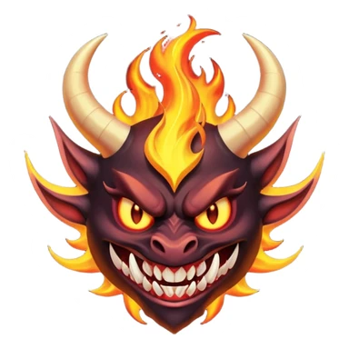 Create a dark-themed emoji of a demonic face with sharp, curved horns, glowing white eyes, an evil grin with large pointed fangs, and abstract flame-like patterns around the face.  sticker