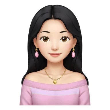 South Korean girl in her mid-thirties with long black hair and a middle part. She is wearing a baby pink, off the shoulder long sleeve knit sweater. She has small gold earrings and a gold necklace. She has brown eyes with narrow, mono lid shape and smiling with lips together sticker