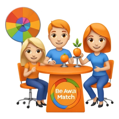 emoji of a recruitment booth. Two cartoon figures stand behind an orange table with 'MARROW, be a match' branding, a colorful spinning wheel, and a branded vertical banner. Simplified and cute. There should not be fruit in the picture.  sticker