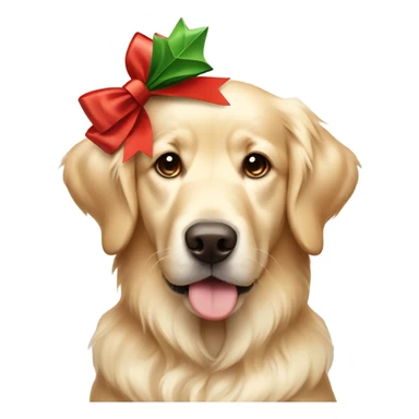 Cream colored golden retriever with a big Christmas bow on its head sticker