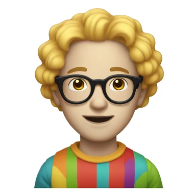 A white boy with black long hair, thin round glasses. He's wearing a clown costume with a lot of colors sticker
