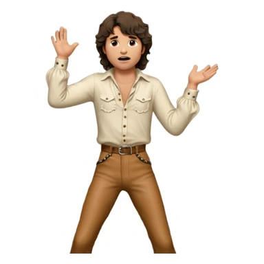 solarpunk realistic ultra HD - a thoughtful, messy, shaggy Jim Morrison in an ivory Victorian shirt, in an ecstatic dramatic pose, singing on stage sticker