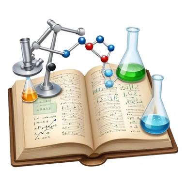 Icon for Scientific and Educational Reading: an open book with mathematical and physical formulas on the pages, with molecules and atoms flying out. On the desk are test tubes, flasks, and a microscope. Transparent background. sticker