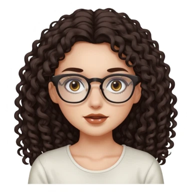 aesthetic white girl with dark brown, long curly hair, she wears an offwhite top and wears square glasses and her eyes are black sticker