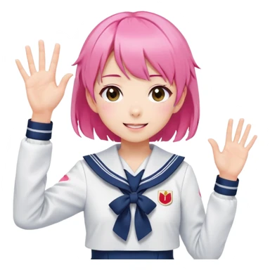 Anime girl with short bright pink hair wearing Japanese sailor style school uniform, composed posture with hand on hip but energetically waving with other hand, excited smile and happy eyes sticker