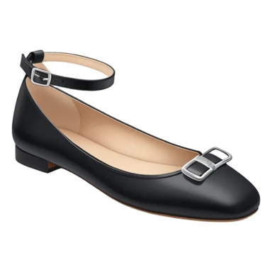 Black square-toed ballet flats with strap and tiny silver buckle sticker