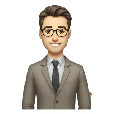 Pale skinned fit man teacher with dark brown hair in gray jacket, beige office shirt, brown tie, brown pants and vintage glasses Writing on the marker board sticker