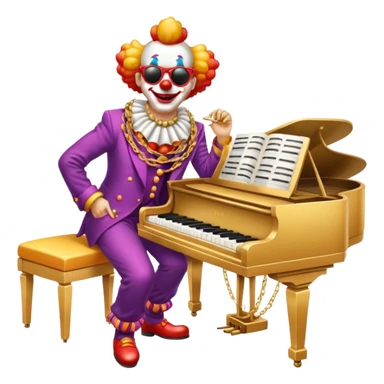 Clown with big golden chain on the neck wearing sunglasses plays piano full height sticker