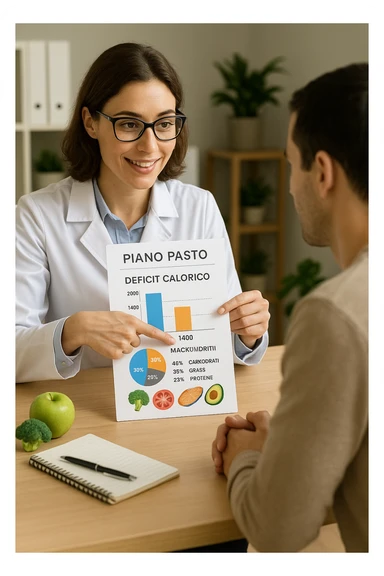 a nutritionist sits at a desk with a client, showing a personalized meal plan and a chart that clearly displays the client’s specific daily caloric deficit. The nutritionist points to the chart, which includes recommended calories, macronutrient breakdown, and healthy food options. The mood is professional, supportive, and educational. scritte in italiano sticker
