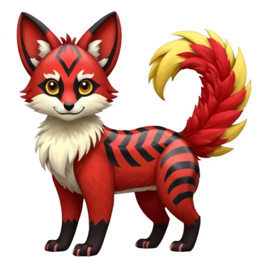 Futuristic sanguine-red banana-yellow black chevron-marked furry fluffy floofy feathery tribal marked Genet-Absol-Kyurem-Zeraora-Primagen-fusion-creature  sticker