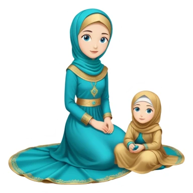 Turkish beautiful finish Konya girl blue eyes with gold hijab and islamic long tailed turquoise dress on the floor and had on her hand text Eid Mubarak  sticker