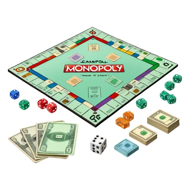 A photorealistic icon featuring a Monopoly board with property spaces, colorful game tokens, dice, and stacks of money. The design includes detailed textures of the board, cards, and tokens, capturing the essence of the Monopoly game. Transparent background, symbolizing Monopoly and board games. sticker