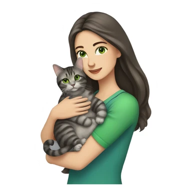 A woman with long dark brown hair and green eyes holds a gray tabby cat with green eyes in her arms sticker
