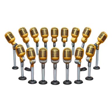 Create a vibrant and dynamic emoji that represents choral vocal performance. The design should feature 10 vintage stage microphones arranged in a semi-circle on a concert stage, symbolizing a vocal group or choir. Add musical notes flowing around the microphones to represent harmony and unity in the performance. Include concert lighting and a celebratory atmosphere to convey the excitement of live music. Use bright, bold colors like red, gold, and silver to emphasize the energy and glamour of the stage. The background should be transparent. sticker