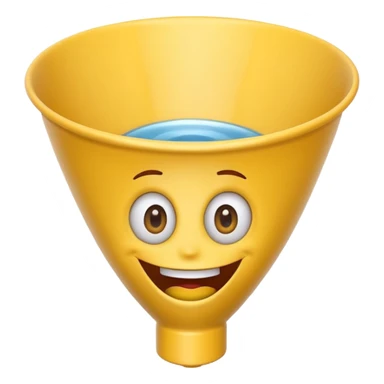 Crazy laughing emoji with an upside-down kitchen funnel on its head (not a hat), wide smile, big eyes, cartoon emoji style, bright colors. sticker