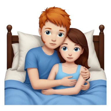 Ginger boy hugging girl with very dark brown hair. Both have blue eyes. They are in bed.  sticker
