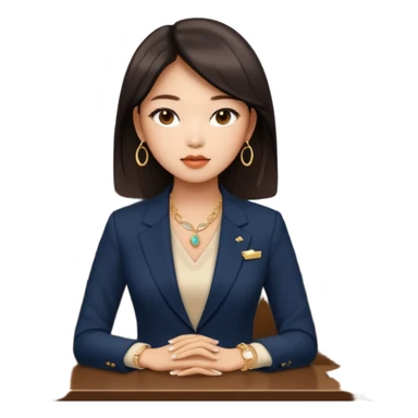 Jennie Kim, medium shot, in a chic office outfit with subtle jewelry sticker