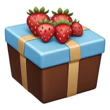 a pale blue parcel with strawberries in chocolate on top, emoji style sticker