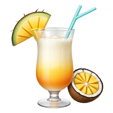 A beautiful cocktail with a creamy white to orange gradient, containing coconut juice and mango, reminiscent of summer. Above, there are tropical flowers, lemon slices, and a straws. sticker