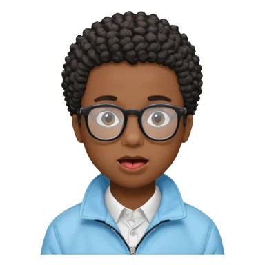 A dark-skinned boy with short curly hair, wearing square black-framed glasses, is sticking out his tongue and is wearing a light blue jacket. The figure is seen from the shoulders up. sticker
