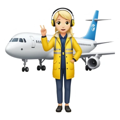 ramp agent at airport wearing bright yellow coat and headphones, directing aircraft sticker