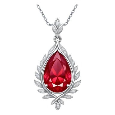 teardrop ruby pendant with fiery light, tiny phoenix feather emerging, haloed by shimmering white stones, silver chain like liquid moonlight sticker
