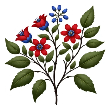dull green leaves & red & blue flowers filigree design, small fruits, ebony branches, extremely detailed, complex design sticker