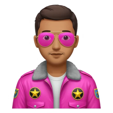 1980s cool man with stubble wearing reflective neon pink aviator sunglasses and a pilot topgun jacket sticker