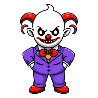 demonic clown wearing a leisure suit, bald with ram horns sticker