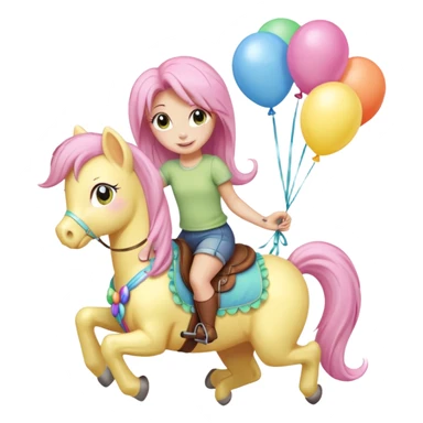 fluttershy mlp holding colorful balloons tied to its saddle, looking cheerful. sticker