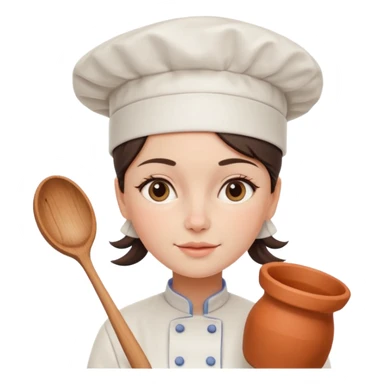 cartoon Apple iOS emoji style woman, pastel colors, Chilean wooden kitchen background, clay pots, warm light, detailed and clean vector art sticker