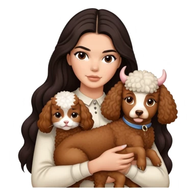 Kendall Jenner with long dark hair holding a brown poodle and a cow cat in her arms sticker