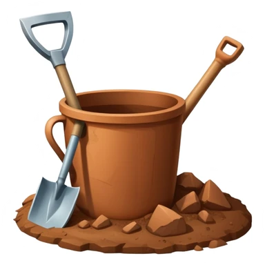 An icon featuring a shovel, pickaxe, and an ancient artifact like a broken pot, symbolizing the essentials of archaeology. The design focuses on the tools of excavation and discovery, recognizable look. Transparent background. sticker