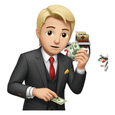 frantic gambler scraping a slot machine, money pouring out, distressed expression, casino setting sticker