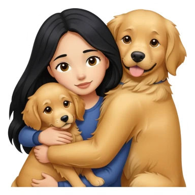 A girl with long black  hair tightly hugged a Golden Retriever sticker