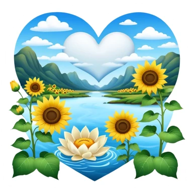 Good morning Sunshine with heart clouds and sunflowers and white lotus flowers and a river  sticker
