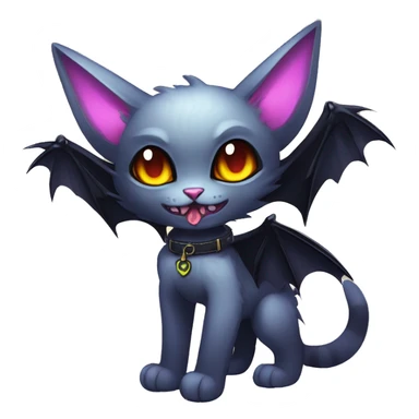   cool edgy kawaii ethereal dark-punk-themed animal vampiric cat-hybrid Fakemon with fangs and bat-wing-ears with a collar full body sticker