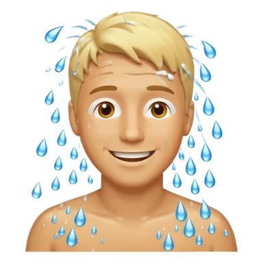 blonde man in a shower, smiling, water droplets, modest, emoji style sticker
