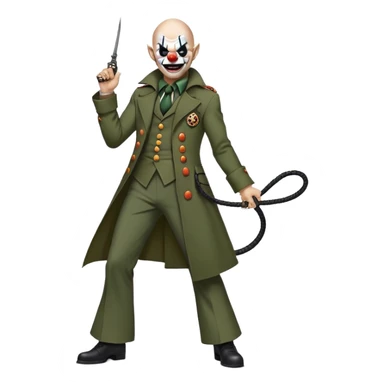 evil clown, bald, small black horns on forehead, fangs, pointed ears, eye patch over one eye, long coat over black and military green leisure suit with bellbottom pants, tail, holding a different style of whip, realistically proportioned, less bulky, full body, battle-ready, fighting posture sticker