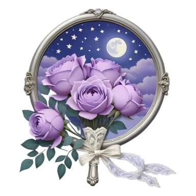 Under the soft light of a vintage brass lantern, a small bundle of lilac roses, indigo peonies, and delicate lavender sprigs is tied with a lace ribbon in a muted violet hue. Above, the sky is scattered with tiny silver stars, reflecting gently in the antique hand mirror with a moon-shaped handle beside the bouquet. sticker