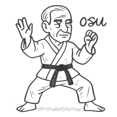 Make the karate fighter older with age lines and mature look, change to the 'osu' position, keep the white uniform, black belt, and 'osu' text in the same hand-drawn style. sticker