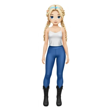 Blonde model silk balayage long hair half braids women with blue eyes wearing White Spaghetti top and black Leggins and Boots with heels sticker